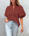 Women's Embroidery Hollow Out Lantern Sleeve Shirt