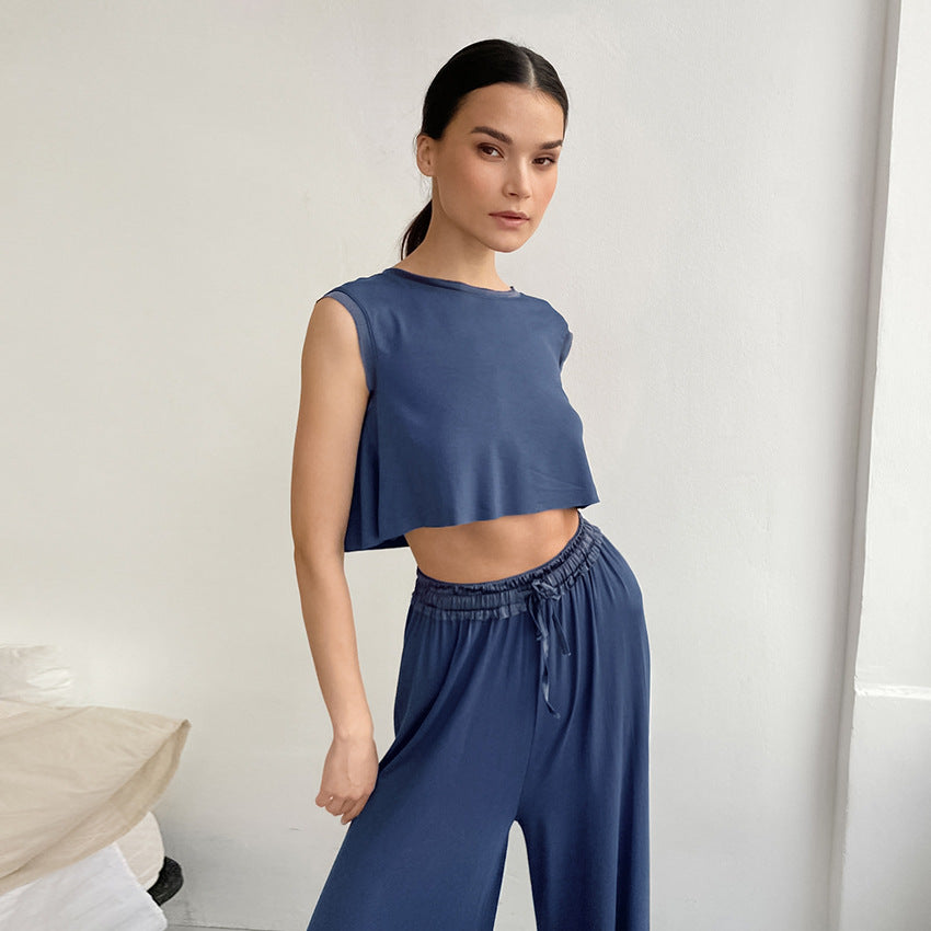 Pajamas Brushed Knit Vest Cropped Top Trousers