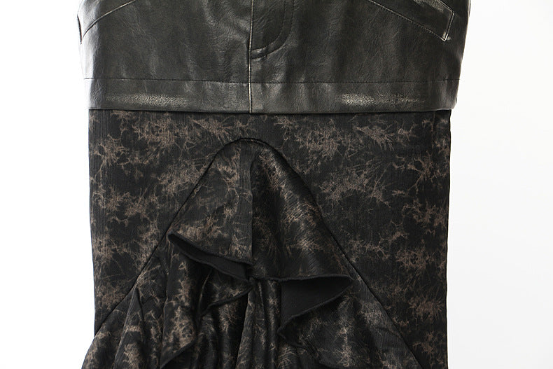 Washed Two-Tone Leather Stitching Ruffled Printed Asymmetric Midi Skirt