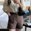 Lässige Shorts aus Baumwollleinen mit Doppeltasche, hoher Taille und schlankmachender Reißverschlusshose