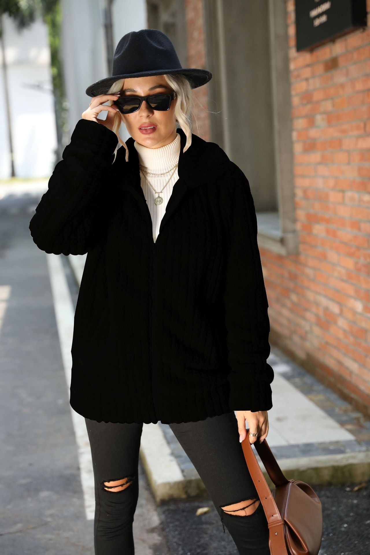 Ladies Sunken Stripe Long Sleeve Zipper Mid-Length Plush Coat