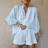 High-Waist Cotton Linen Solid Color Loose V-Neck Lantern Sleeve Shorts Two-Piece Suit