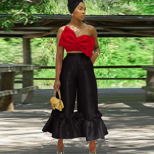 Two-Piece Suit with Bow Tube Top and Loose Pants
