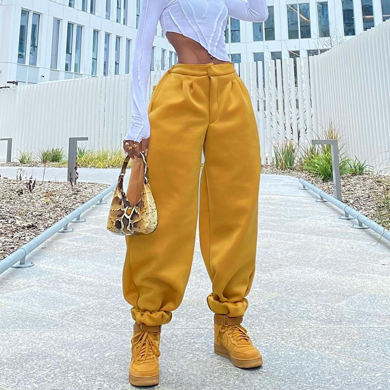 Women Pure Color Casual Loose Tappered Trousers