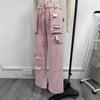 Rosa Jeans-Overall mit hoher Taille und geradem Bein, Taschen für Damen
