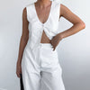 Pure White Cotton Linen Slim Fit V-Collar Vest and Trousers Set for Women