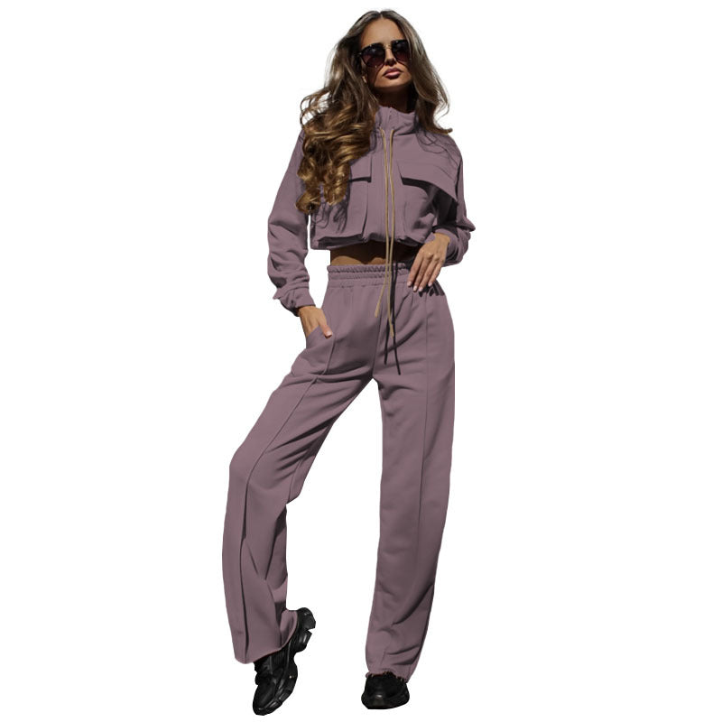 Zipper Long Sleeve Top Casual Trousers Suit Women