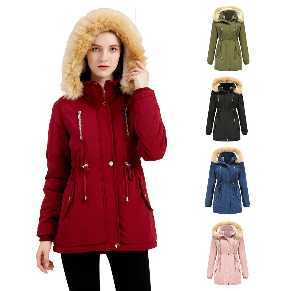 Women's Thick Cotton Padded Lambskin Coat with Removable Hat