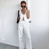 Pure White Cotton Linen Slim Fit V-Collar Vest and Trousers Set for Women