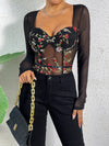 Retro Mesh Floral Embroidery Long Sleeve Jumpsuit