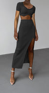 Summer Short Sleeve Thread Skirt Slit Suit