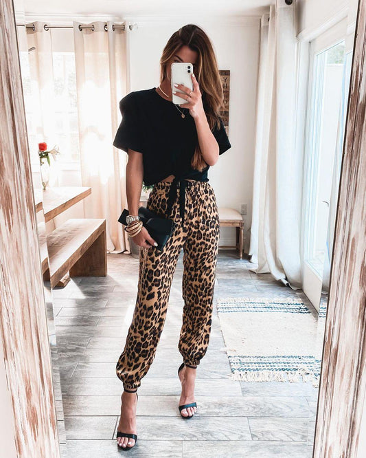 Leopard Print Forged Trousers Micro Elastic