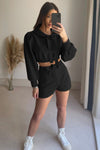 Solid Color Hooded Puff Sleeve Shorts Suit