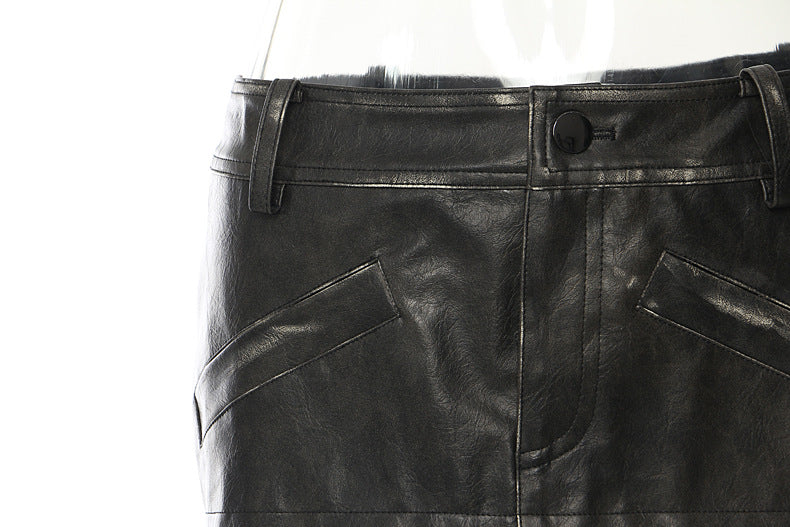 Washed Two-Tone Leather Stitching Ruffled Printed Asymmetric Midi Skirt