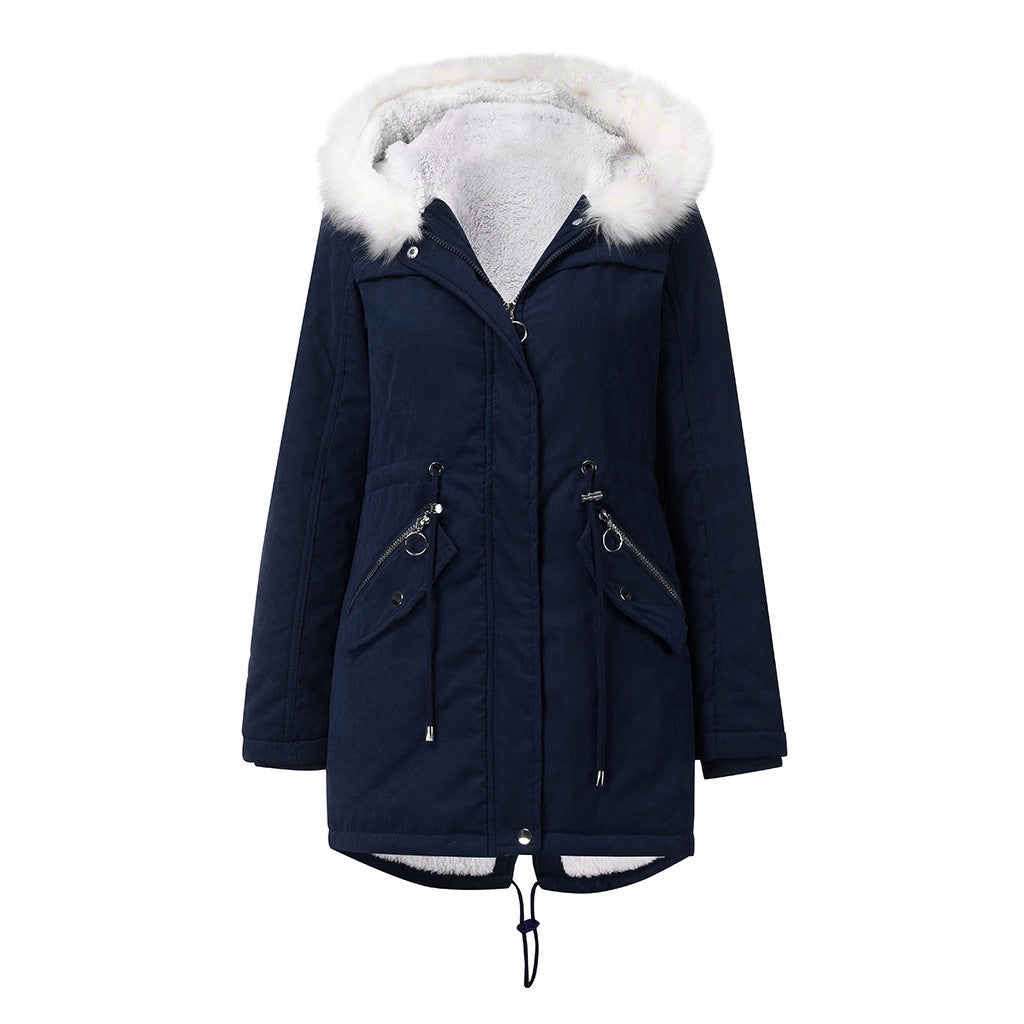 Women Cotton Padded Coat with White Fur Collar Parka Mid Length