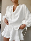 High-Waist Cotton Linen Solid Color Loose V-Neck Lantern Sleeve Shorts Two-Piece Suit