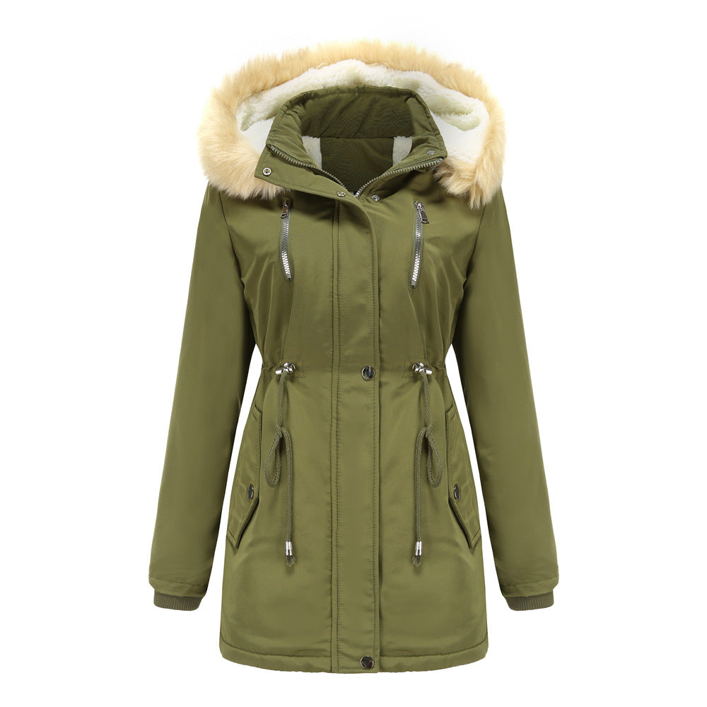 Women's Thick Cotton Padded Lambskin Coat with Removable Hat