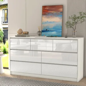 55" Modern 7‑Drawer Dresser for Bedroom – High Gloss Storage Cabinet, Large Engineered Wood Chest of Drawers, White/Black