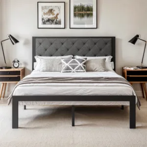 Metal Bed Frame with Upholstered Linen Headboard | Noise-Free, No Box Spring Needed