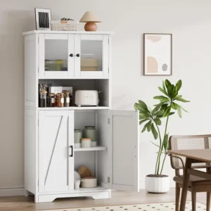 Free Standing Kitchen Pantry Cupboard with 4 Doors and Open Space 128cm Bathroom Tall Cabinet with Tempered Glass Doors